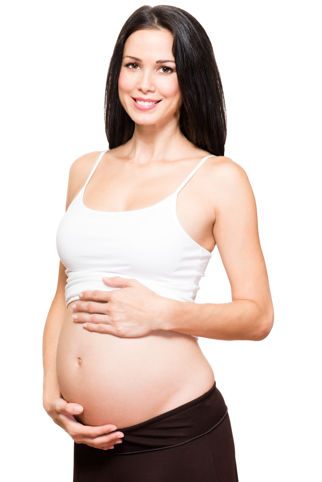 Pregnant woman holding belly on White